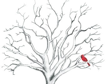 Printable Hand-Drawn Funeral Cardinal Celebration of Life Mourning Fingerprint Tree Guestbook (PDF)