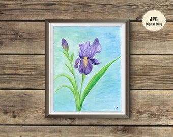 Printable Iris Purple Blue Flower Watercolor Wall Art Print Spring gift Mother's Day Floral Large Bedroom