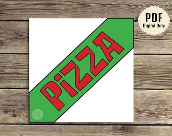 May include: A printable PDF template for a pizza box. The box is green with the word "PIZZA" in red letters.