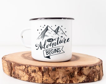 The Adventure Begins Campfire Mug | The Adventure Begins Camper Mug | Adventure Mug Enamel | Gift For Mum & Dad | Free UK Shipping