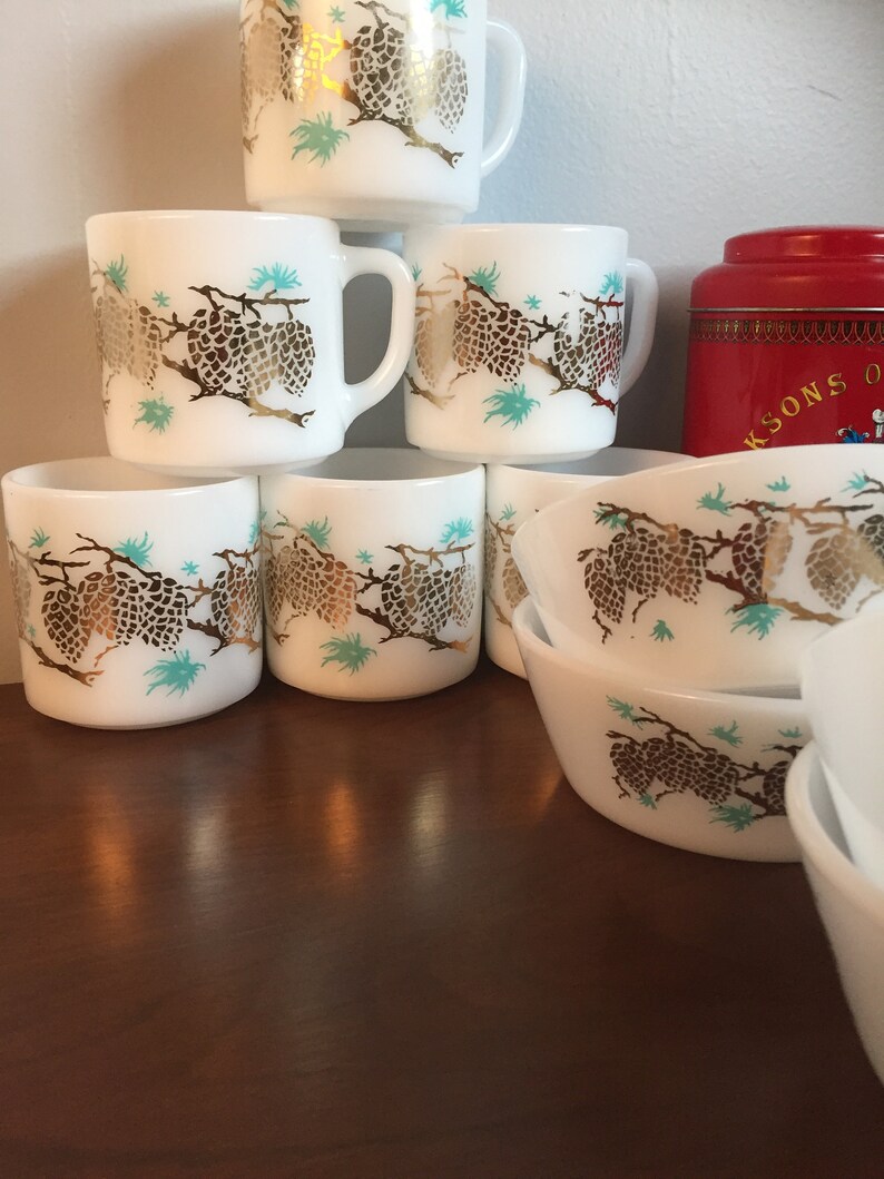 Gold Pine Cones Vintage White Blue Mugs Coffee Cups Mid Etsy