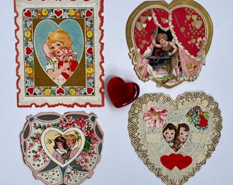 4 Vintage Valentines, 1930s, 3 heart-shaped, one rectangular with scalloped edges.