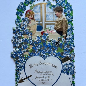 Vintage 3-D Standing Valentine, 1930s, forget-me-nots, large (6” tall), 3 layers with tissue honeycomb