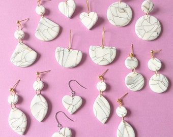Handmade polymer clay earrings "VERITY faux marble white and gold danglys"