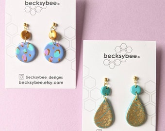 Handmade polymer clay earrings "Gold and turquoise crackle/ leopard print statement danglys"