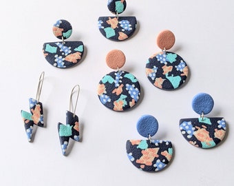 Handmade polymer clay earrings "ANNA navy and pastel statement danglys"