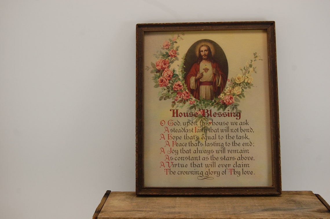 Vintage House Blessing poem print with floral roses and Jesus | Etsy
