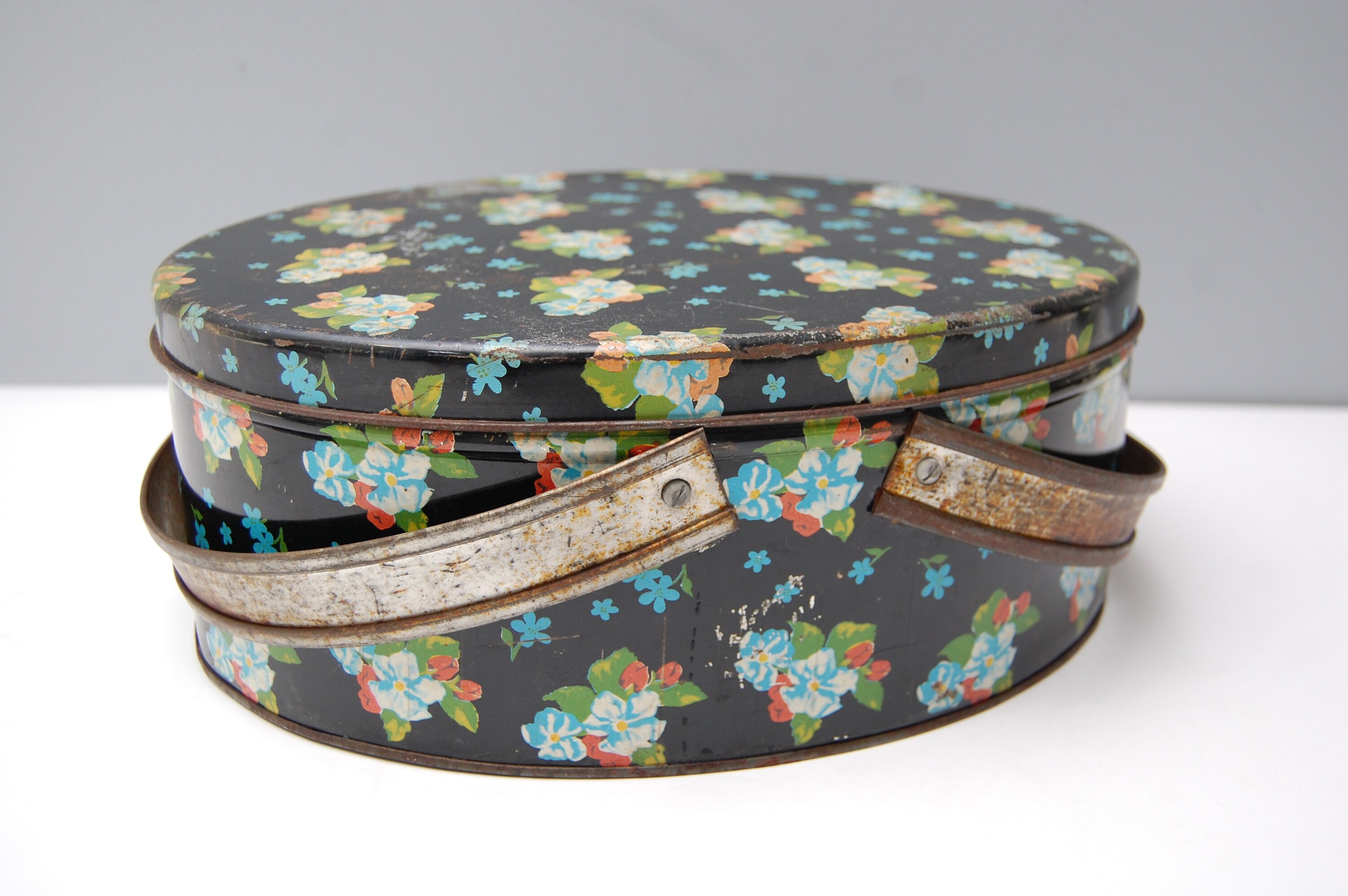 Oval floral TIN with LID and HANDLES black red blue flowers Etsy