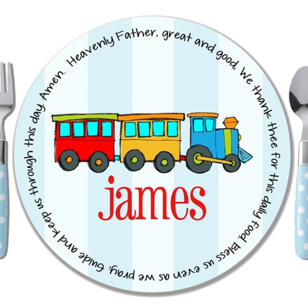 Personalized Baptism Plate - Christening Gift for Boys - Baptismal Keepsake - Baby Boy Gift - Boy Melamine Plate - Train Theme - Train Plate