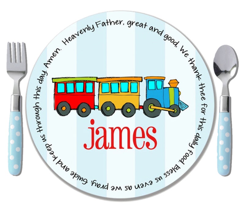 Personalized Baptism Plate Christening Gift for Boys Baptismal Keepsake Baby Boy Gift Boy Melamine Plate Train Theme Train Plate image 1