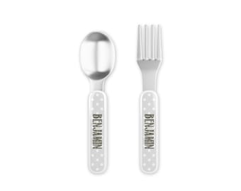 Gray Personalized Kids Silverware - Toddler Dinnerware Utensils - First Birthday Gift - Customized Dedication Boy Gift - Toddler Fork Spoon