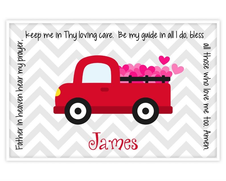 Valentine's Day Personalized Placemat Kids Truck Placemat Childrens Truck Placemat Childs Red Truck Placemat Valentine Gift Boy image 1