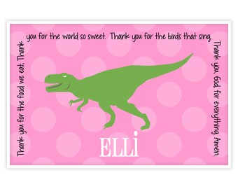 Personalized Placemat - Kids Placemat - Childrens Placemat - Childs Placemat - Laminated Placemat - Pink T-Rex Dinosaur (Dots or Stripes)
