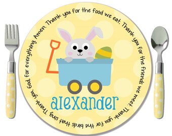 Personalized Easter Plate - Bunny Kids Plate -  Personalized Easter Gift - Godparent Easter Gift - Easter Basket Stuffer - Easter Wagon Boy