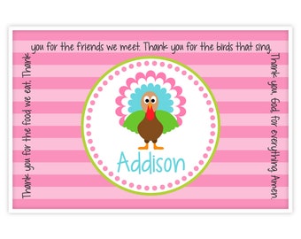 Personalized Placemat - Kids Placemat - Childrens Placemat - Prayer Placemat - Thanksgiving Placemat - Turkey Girl