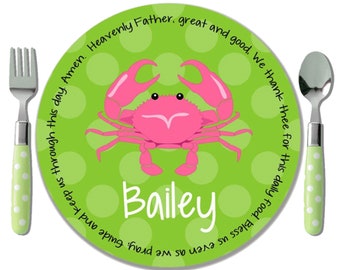 Pink Crab Melamine Plate - Girl Baptism Gift - Nautical Personalized Plate - Kids Gift Idea - Nautical New Baby Gift - First Birthday Gift