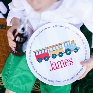 Personalized Baptism Plate Christening Gift for Boys Baptismal Keepsake Baby Boy Gift Boy Melamine Plate Train Theme Train Plate image 3