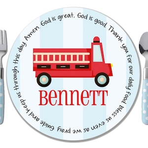 Firetruck Plate - Godparent Godchild Gift - Baby Boy Gift - Personalized Baptism Plate - Fire Engine Kids Plate - Dedication Keepsake Plate