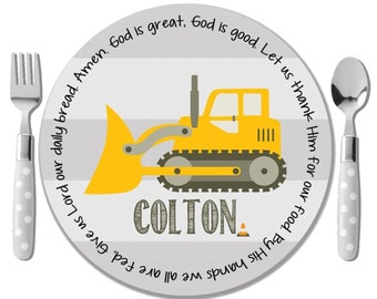 Prayer Plate - Boy Baptism Gift - Gift from Godparent - Unique Godchild Gift - Personalized Baptism Plate - Godson Gift - Bulldozer Plate