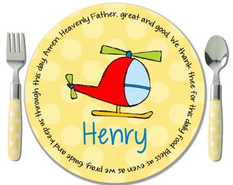 Helicopter Personalized Plate - Baptism Gift from Godparent - Airplane Polymer Plate - Unique Godson Baptism Gift - Christening Gift Boy