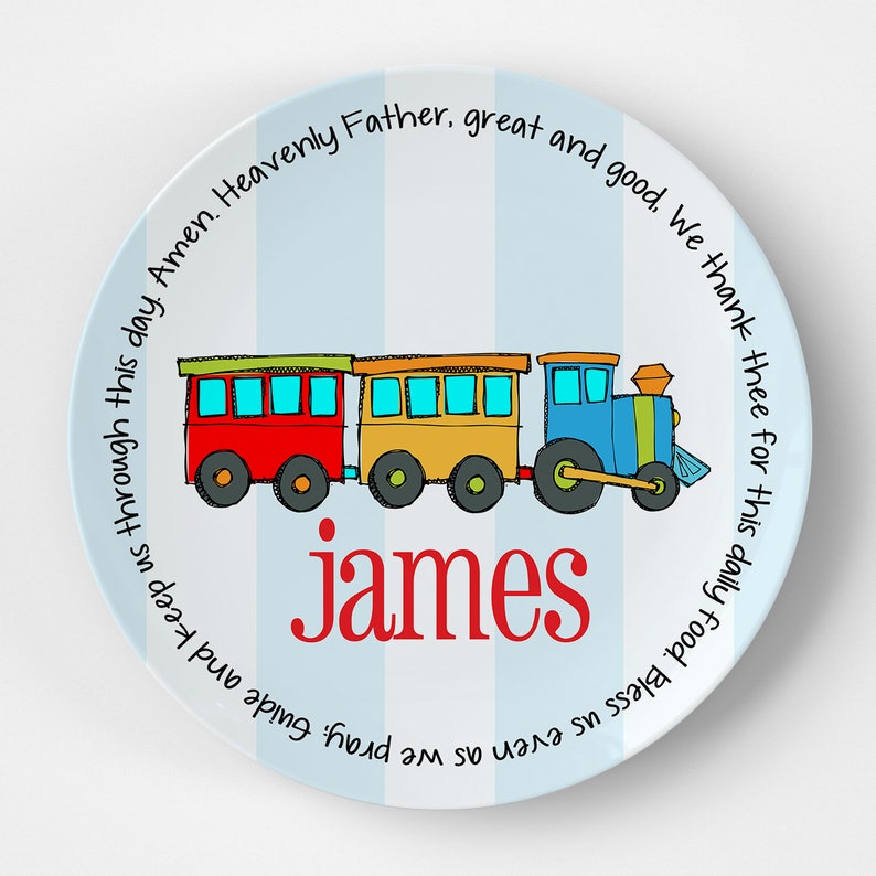 Personalized Baptism Plate Christening Gift for Boys Baptismal Keepsake Baby Boy Gift Boy Melamine Plate Train Theme Train Plate image 2