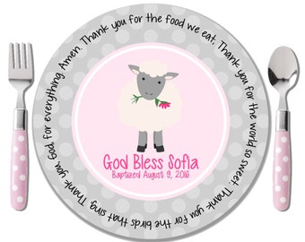 Pink Lamb Prayer Plate - Godchild Gift - Baby Dedication Gift - Baptism Gift for Girl - Personalized Baptism Keepsake - Christening Gift