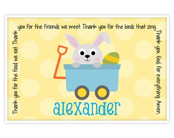 Personalized Placemat - Kids Placemat - Childrens Placemat - Easter Placemat - Bunny Placemat - Easter Gift Boy - Bunny Boy Wagon