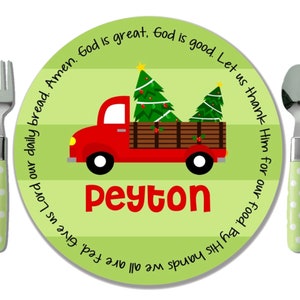 Personalized Red Truck Christmas Plate Holiday Plate Christmas Gift from Godparent Godchild Christmas Gift Boy Red Truck with Tree image 1