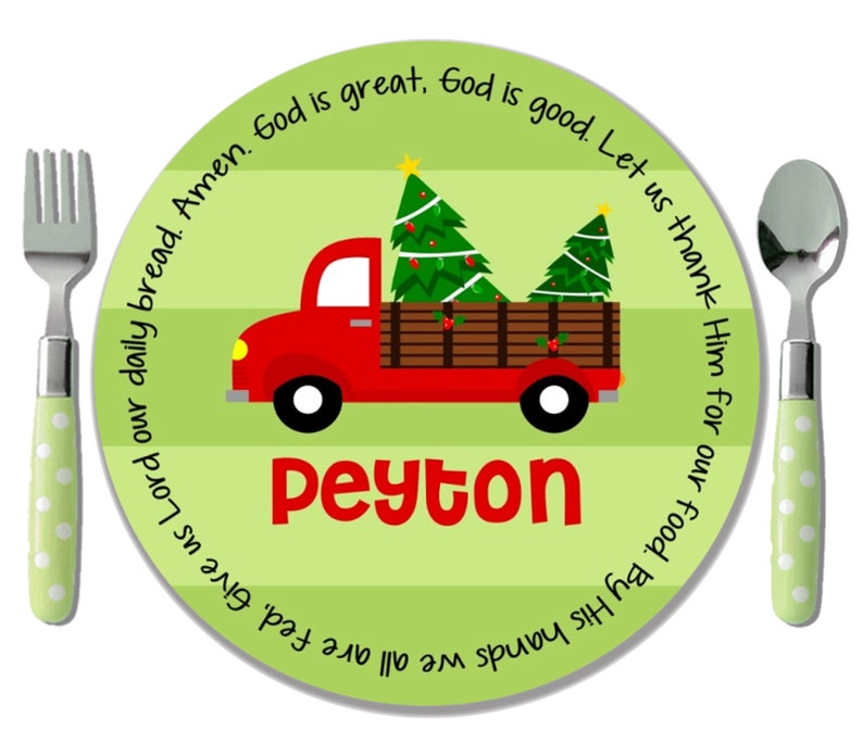 Personalized Red Truck Christmas Plate Holiday Plate Christmas Gift from Godparent Godchild Christmas Gift Boy Red Truck with Tree image 1