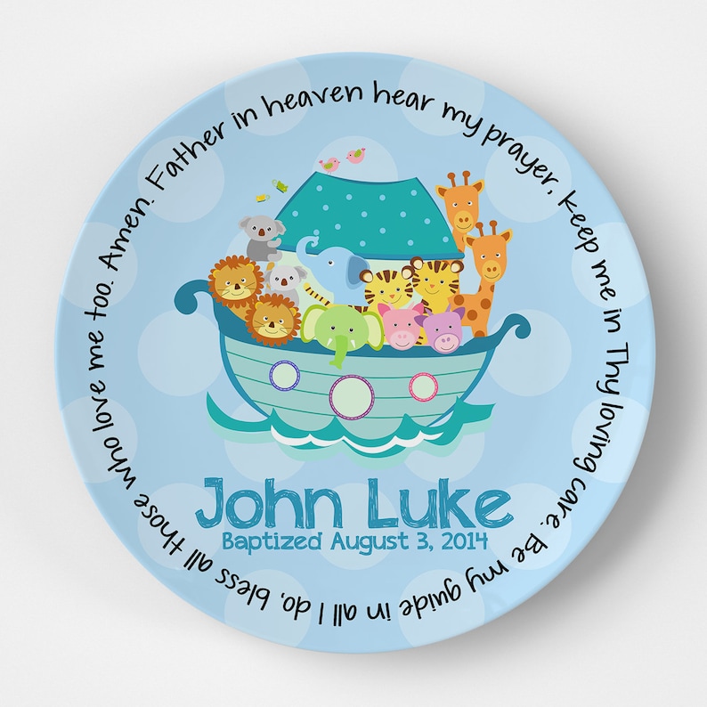 Godchild Gift Baby Dedication Gift Baptism Gift for Boy Personalized Baptism Gift Boy Christening Gift Noah's Ark Prayer Plate image 2