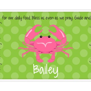 Personalized Placemat Kids Placemat Childrens Placemat Childs Placemat Laminated Placemat Baptism Gift Preppy Pink Crab image 1