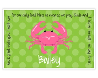 Personalized Placemat - Kids Placemat - Childrens Placemat - Childs Placemat - Laminated Placemat - Baptism Gift - Preppy Pink Crab