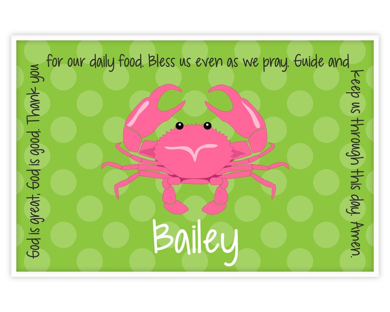 Personalized Placemat Kids Placemat Childrens Placemat Childs Placemat Laminated Placemat Baptism Gift Preppy Pink Crab image 1