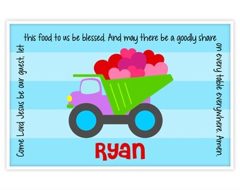 Valentine's Day Personalized Placemat - Kids Dumptruck Placemat - Childs Bulldozer Placemat - Godchild Gift - Kids Construction Placemat