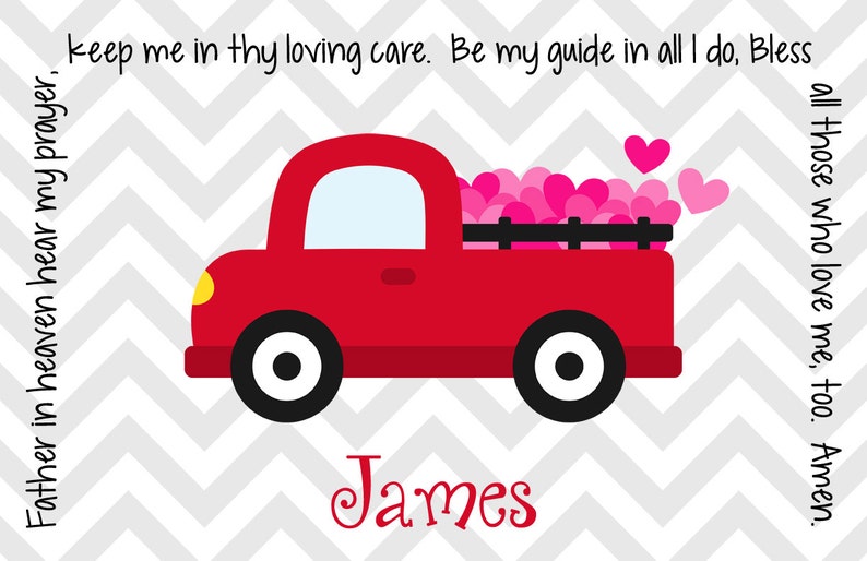 Valentine's Day Personalized Placemat Kids Truck Placemat Childrens Truck Placemat Childs Red Truck Placemat Valentine Gift Boy image 2