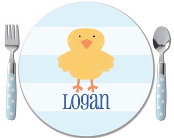 Kids Easter Plate - Personalized Chick Plate - Easter Basket Boy - Easter Godchild Gift - Easter Melamine Free Plate - Chick Boy Stripes