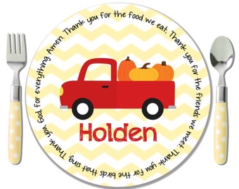 Personalized Polymer Plate - Personalized Kids Plate - Child's Fall Plate - Thanksgiving Plate - Fall Harvest Plate - Pumpkin Truck Plate