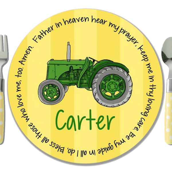 Personalized Boy Gift - Baptism Gift - Christening Gift - Godchild Gift - Personalized Melamine Plate - Green Tractor Theme - Tractor Plate