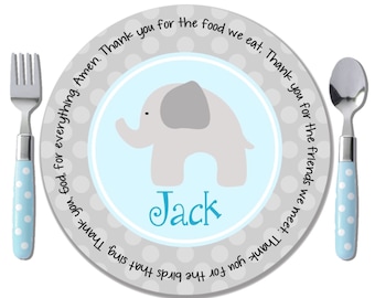 Personalized Baptism Plate - Boy Baptism Gift - Godchild Gift - Personalized Boy Gift - Elephant Theme Baby Shower - Blue Elephant Plate