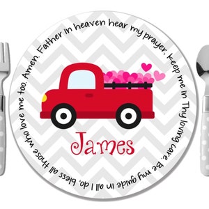 Personalized Melamine Free Plate - Personalized Kids Polymer Plate - Personalized Valentine's Day Plate - Red Truck with Hearts Kids Plate