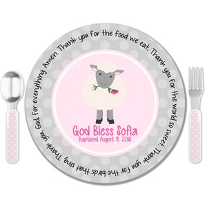 Pink Lamb Prayer Plate Godchild Gift Baby Dedication Gift Baptism Gift for Girl Personalized Baptism Keepsake Christening Gift image 1