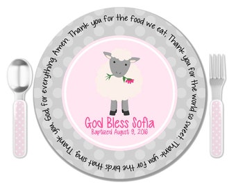 Pink Lamb Prayer Plate - Godchild Gift - Baby Dedication Gift - Baptism Gift for Girl - Personalized Baptism Keepsake - Christening Gift