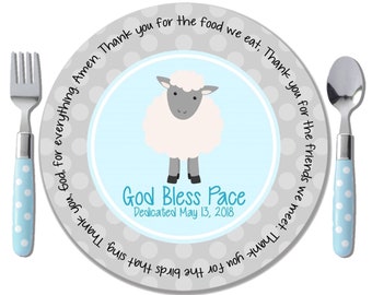 Blue Lamb Prayer Plate - Godchild Gift - Baby Dedication Gift - Baptism Gift for Boy - Personalized Baptism Keepsake - Christening Gift