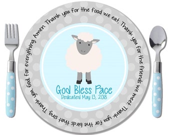 Blue Lamb Prayer Plate - Godchild Gift - Baby Dedication Gift - Baptism Gift for Boy - Personalized Baptism Keepsake - Christening Gift