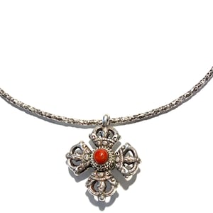 Vintage Sterling Silver Maltese Cross Pendant - Hammered Choker Necklace