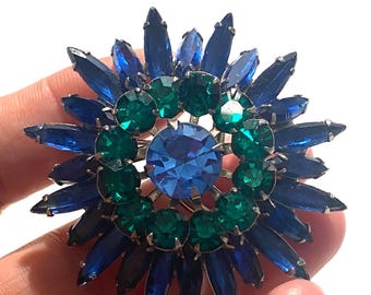 Vintage Blue and Green Rhinestone Brooch