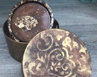 Agate Slice Style Coasters with Matching Holder - Set of Four - Chocolate, gold and copper