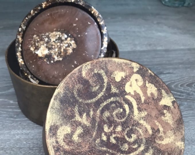 Agate Slice Style Coasters with Matching Holder - Set of Four - Chocolate, gold and copper