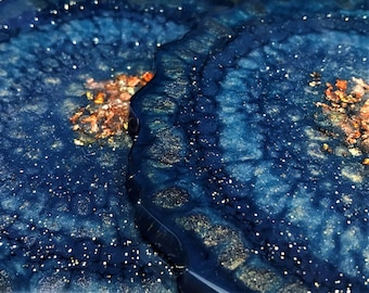 Handmade Navy Blue Resin Coasters: Copper Agate Style, Gift Box Set