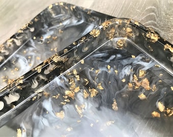 Resin Rolling Tray: Black, White 'Smoke' Effect with Gold Leaf